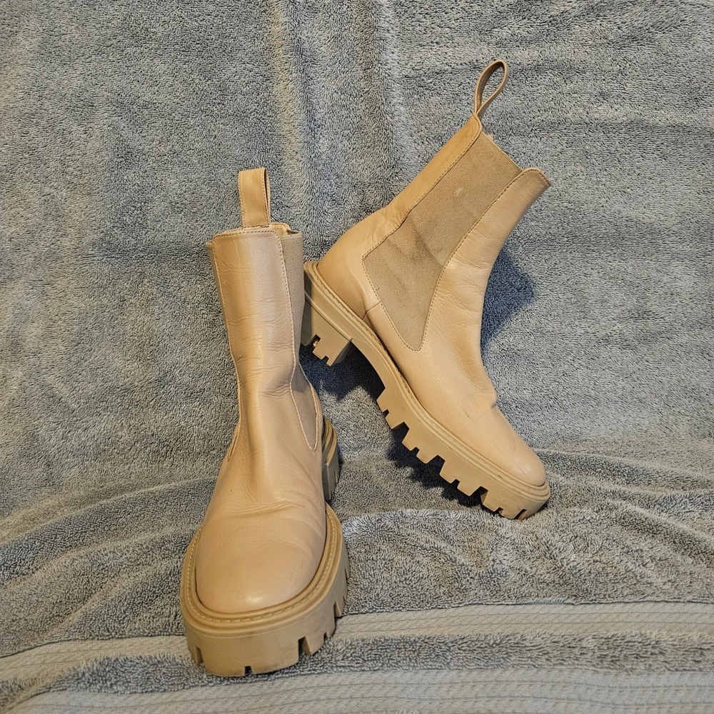 Zara Beige Leather Lug Sole Ankle Boots Platform Chelsea Mid Calf Size 38